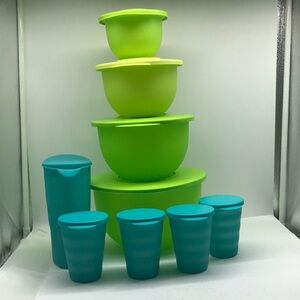 Tupperware Impressions Classic  Bowl  (4) & Jug (4) Tumbler Green & Blue Color